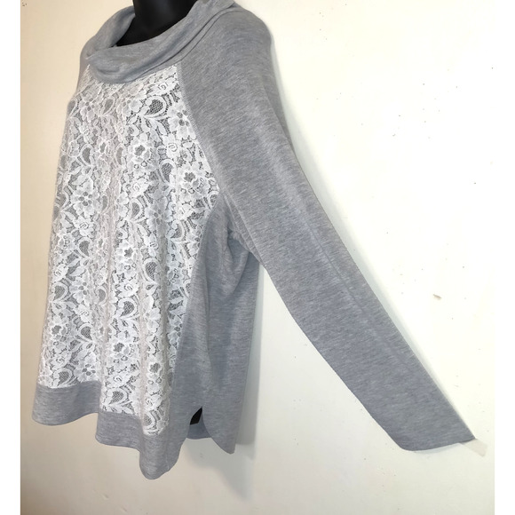 Sunday Cowl Neck Top Sz 2X Gray White Lace Front Panel Lightweight Sweater - Picture 2 of 16
